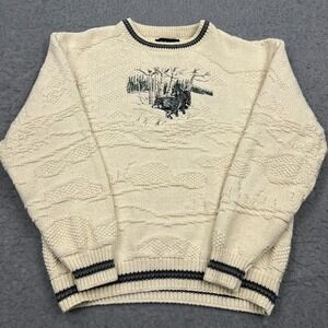 Croft & Barrow Wolf Sweater Men's Large Cream 3D Knit Wolves Crewneck USA Made
